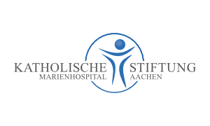 Das Logo vom Marienhospital in Aachen in den Farben blau und grau.