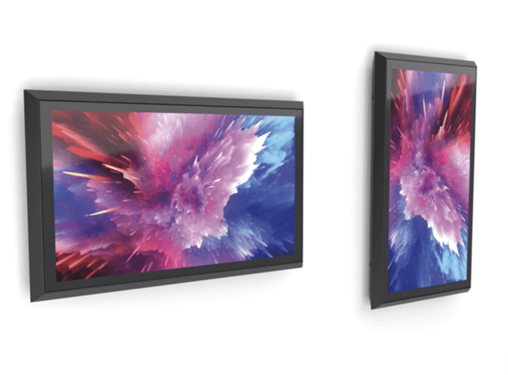 Das Bild zeigt das Display LG XE4F Serie 49 Professional Outdoor Display mit smart metals Wandhalterung von SWORKS geliefert